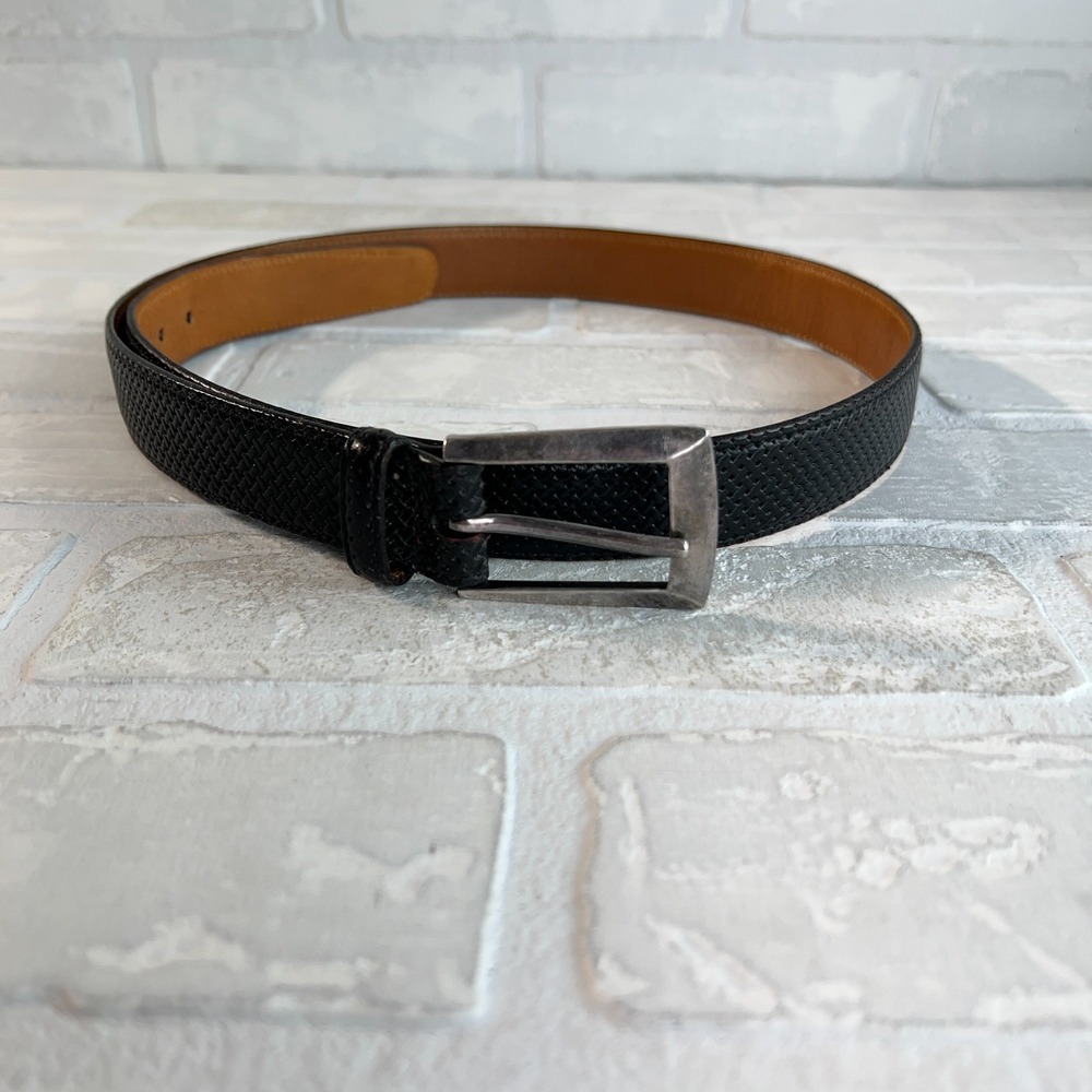 Trafalgar Black Leather Belt Mens Size 32 Silver Buckle Casual Dress Basketweave
